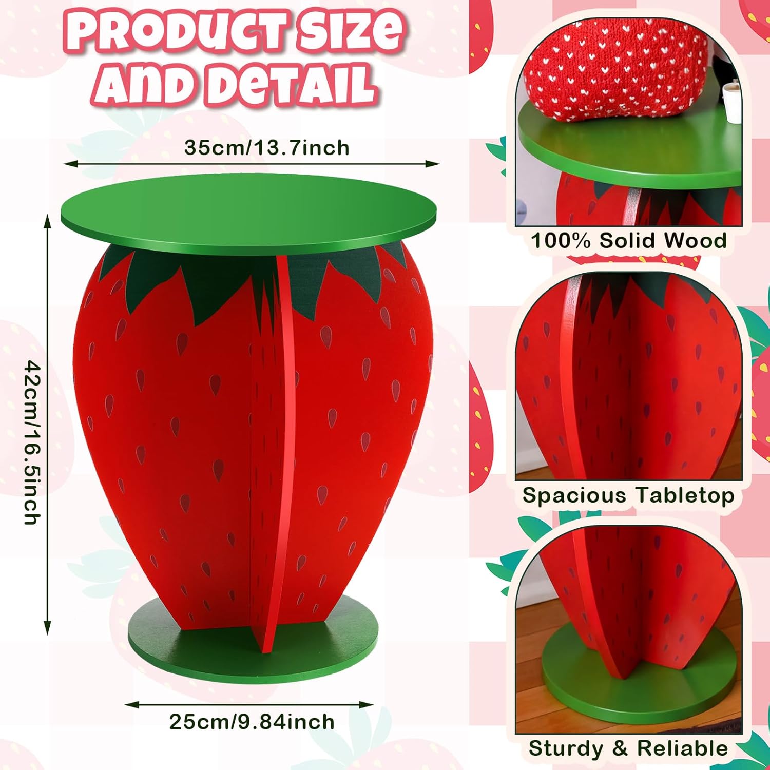 Wenqik 16.5 Inch Strawberry Side Table Strawberry Room Decor Summer Wooden End Table with Pedestal Cute Fruit Accent Center Stand Creative Bedside Stand for Living Room Bedroom Small Spaces Home Decor
