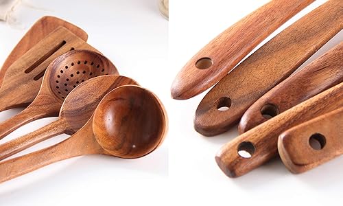 Miniatura 5 de Juego de utensilios de cocina saludables, herramientas de cocina de madera, espátula y cucharas de madera dura antiadherente natural, duradera,