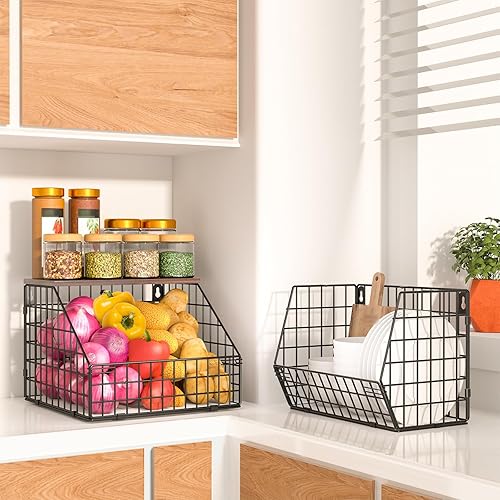 Miniatura 37 de Cesta de frutas de 2 niveles para encimera de cocina, apilable, para colgar en la pared, cestas de alambre con tapa de madera con 4 ganchos