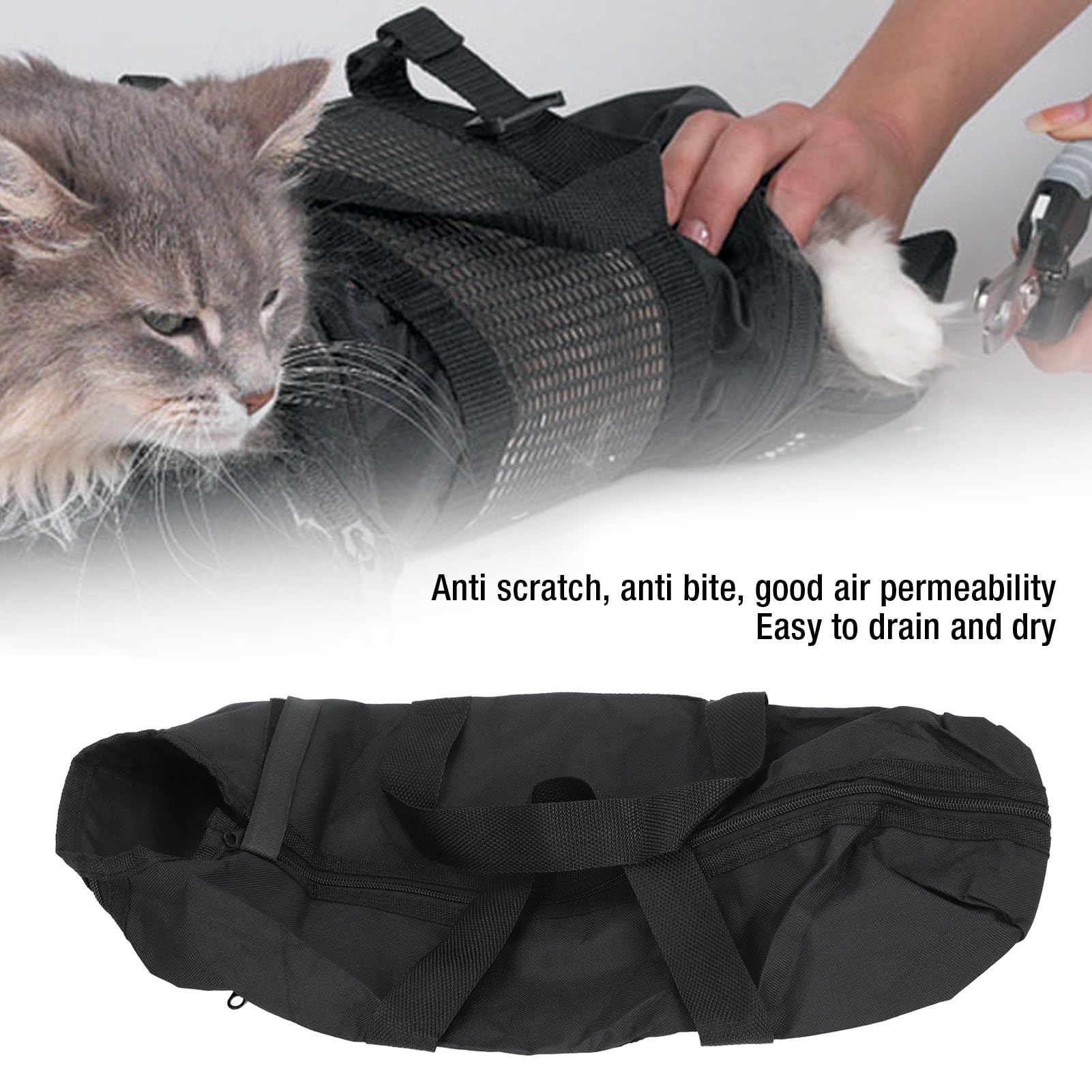 Depisuta Cat Grooming Bag, Comfortable and Cat Bathing Bag with Easy Access for Nail Trimming and Cleaning, Sturdy Oxford Cloth Cat Restraint Bag (Black) with Multifunctional Use