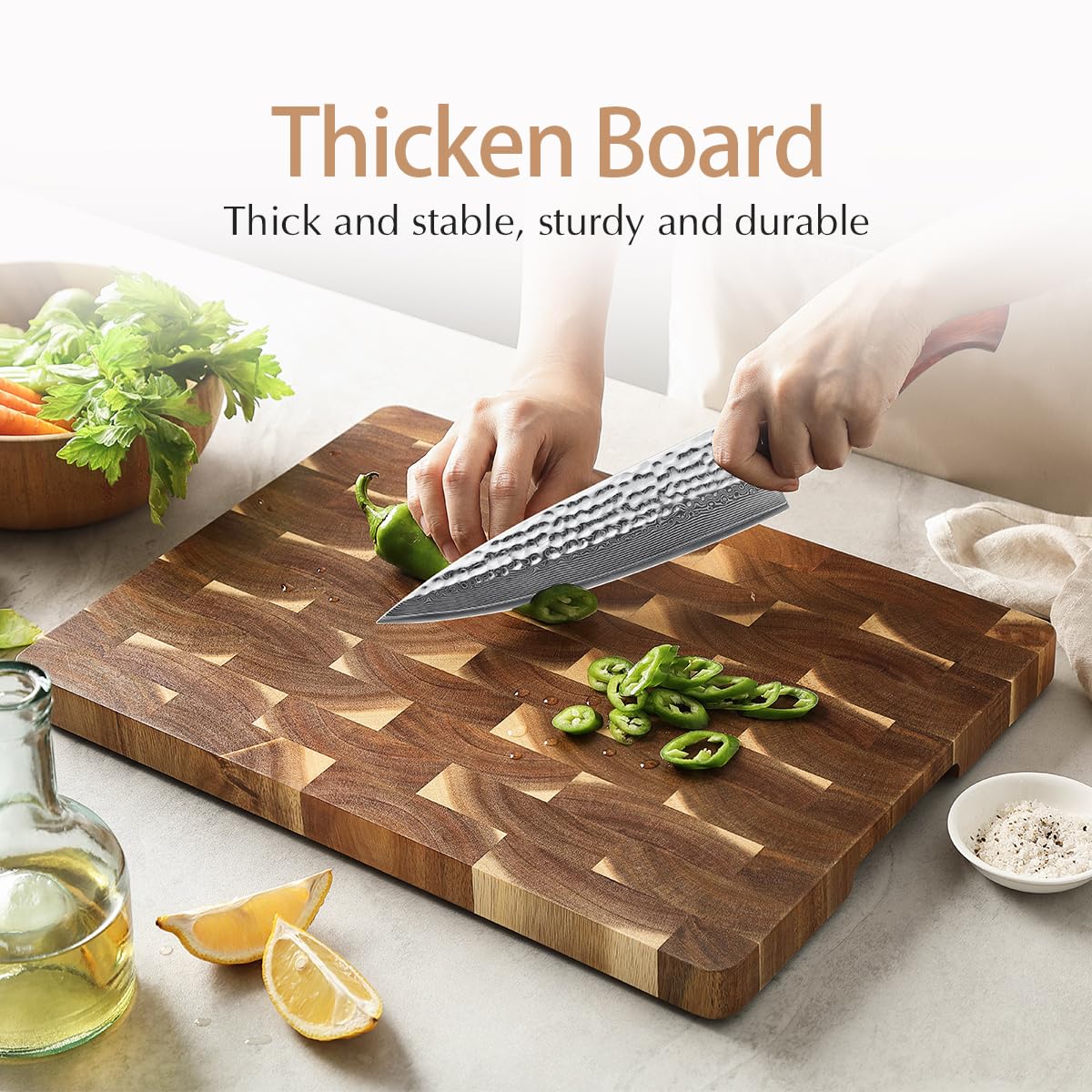 HEZHEN Wooden Cutting Board,End Wood Grain Chopper Board, Built-in Handle, Acacia Wood Serving Board - Image 4