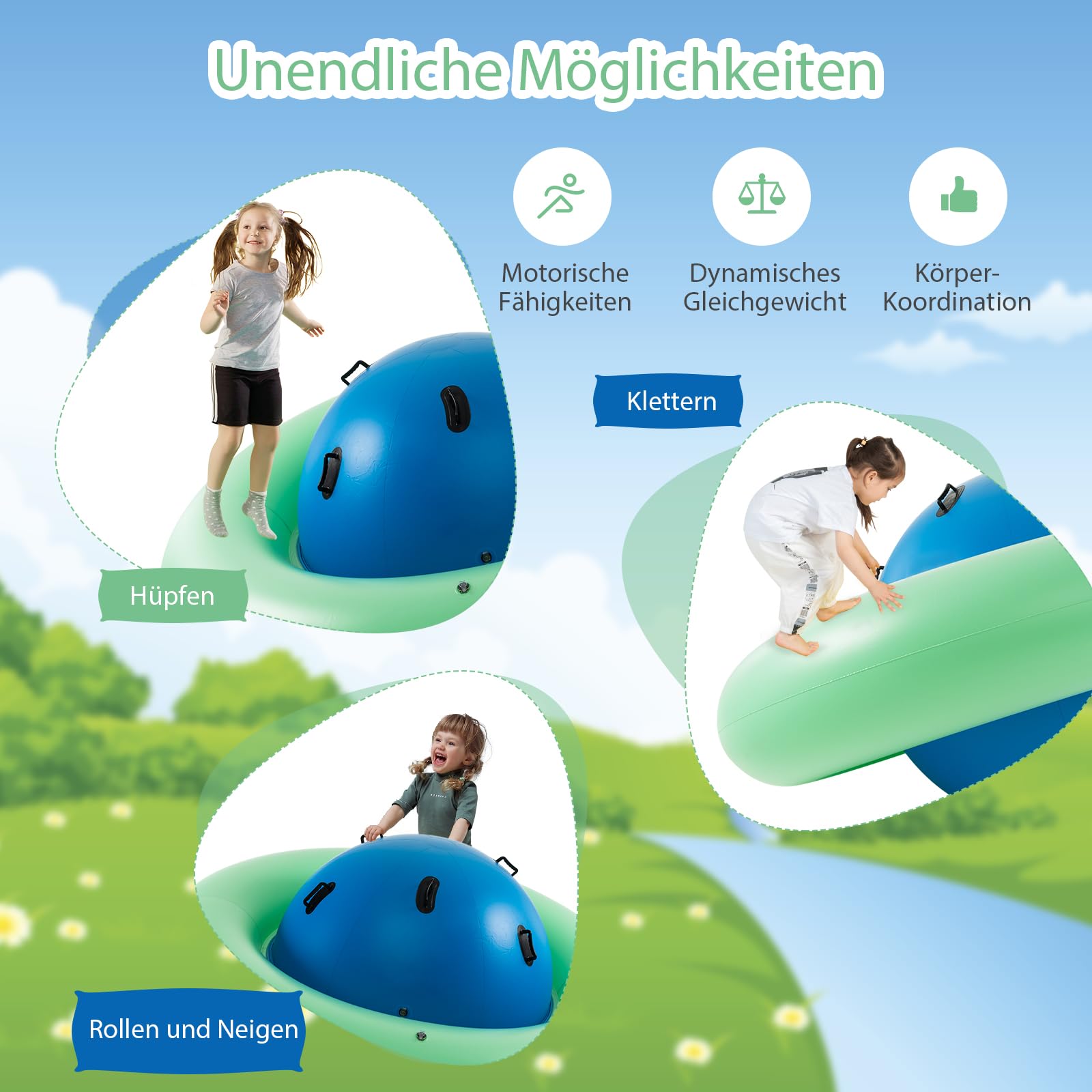 SOARS Aufblasbare Kletterkugel für Kinder ab 5 Jahren - Hüpfball zum Klettern, Kletterkuppel mit 6 Griffen bis zu 113kg belastbar (Blau + Grün)