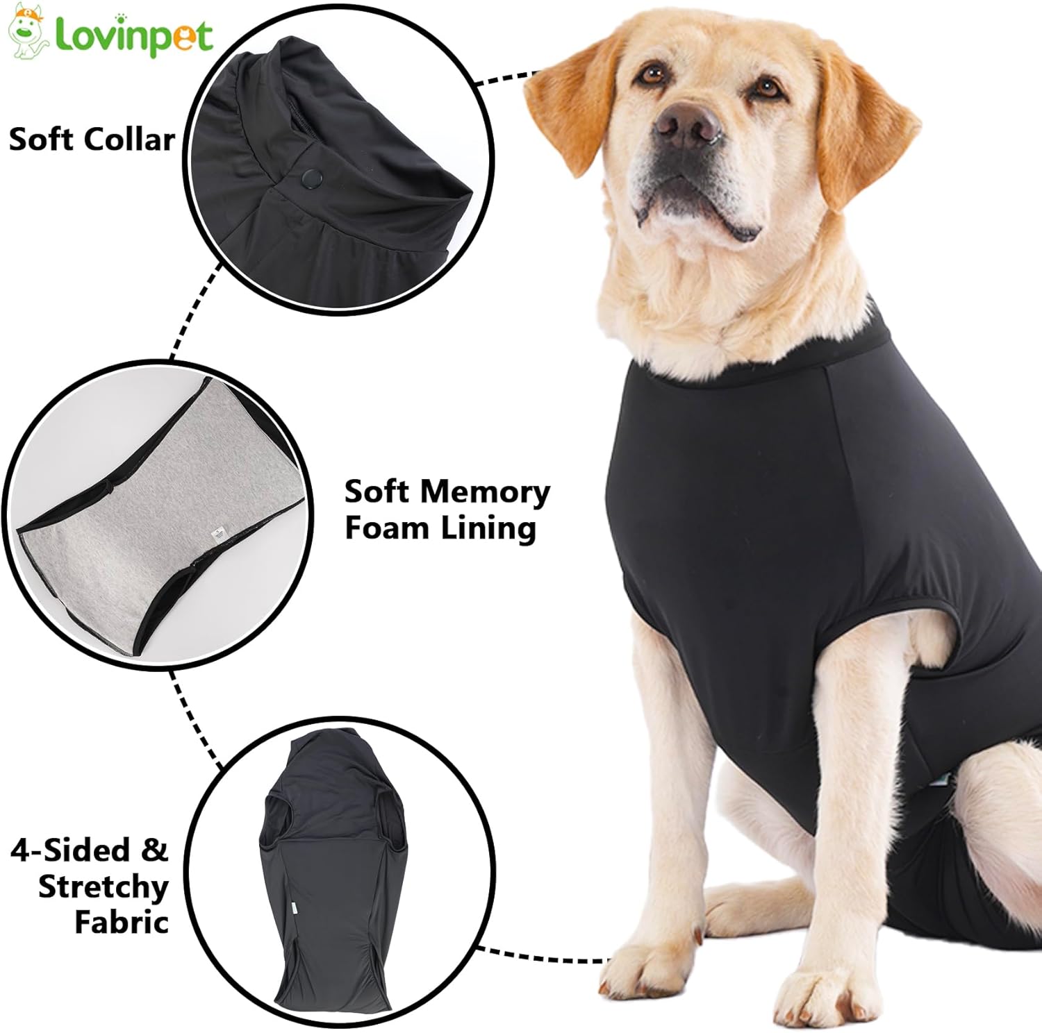 LovinPet Post-Spay Recovery Bodysuit for Female Dogs, Solid-Color Surgery Suit with Cushioned Belly Panel, Easy Snap-Back Cover for Large Dogs, Black, XXL