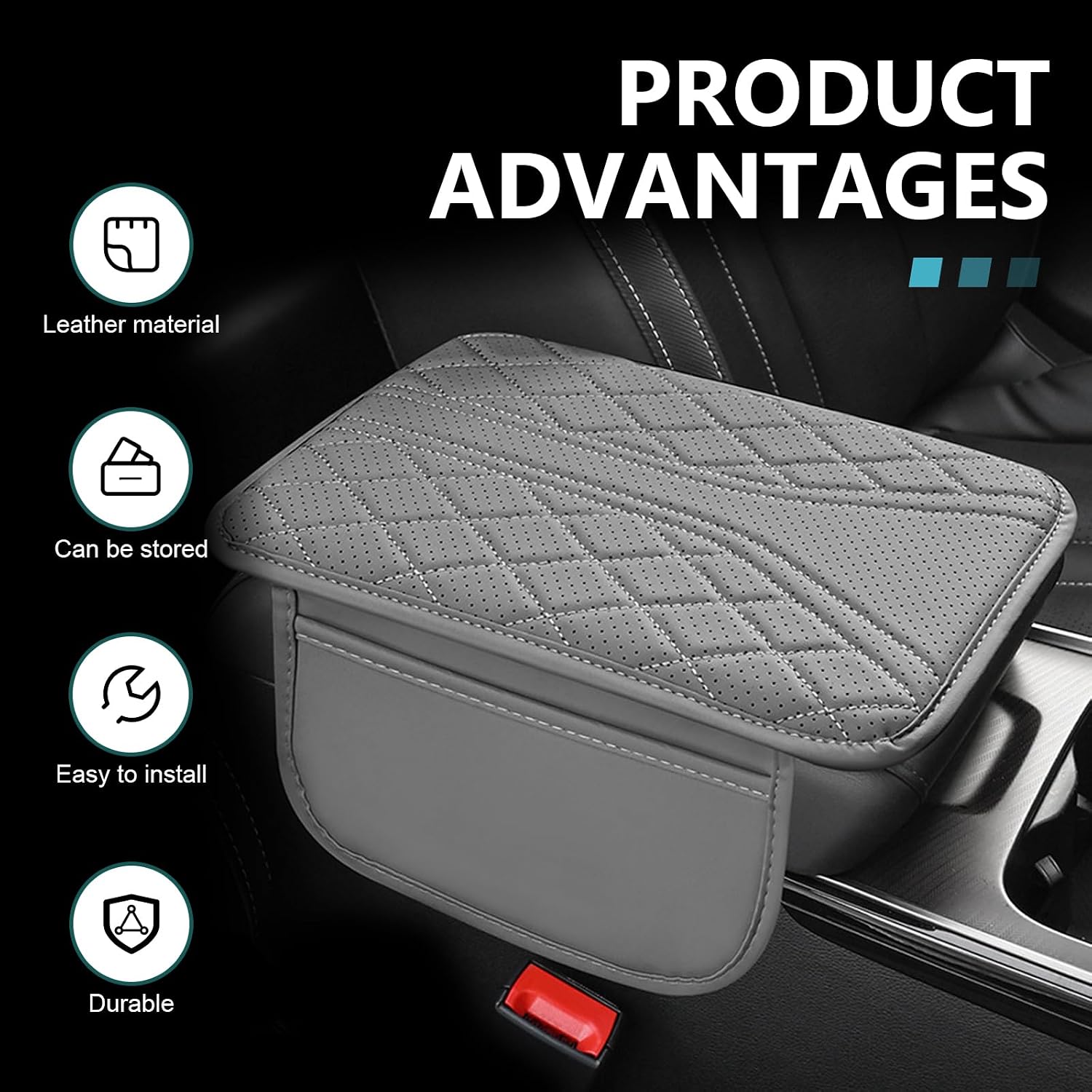 Car Center Console Cover, Leather Auto Armrest Cover, Breathable Waterproof Car Armrest Cushion Cover Pad with 2 Side Storage Bags, Universal Auto Interior Accessory for Most Sedans(Gray)
