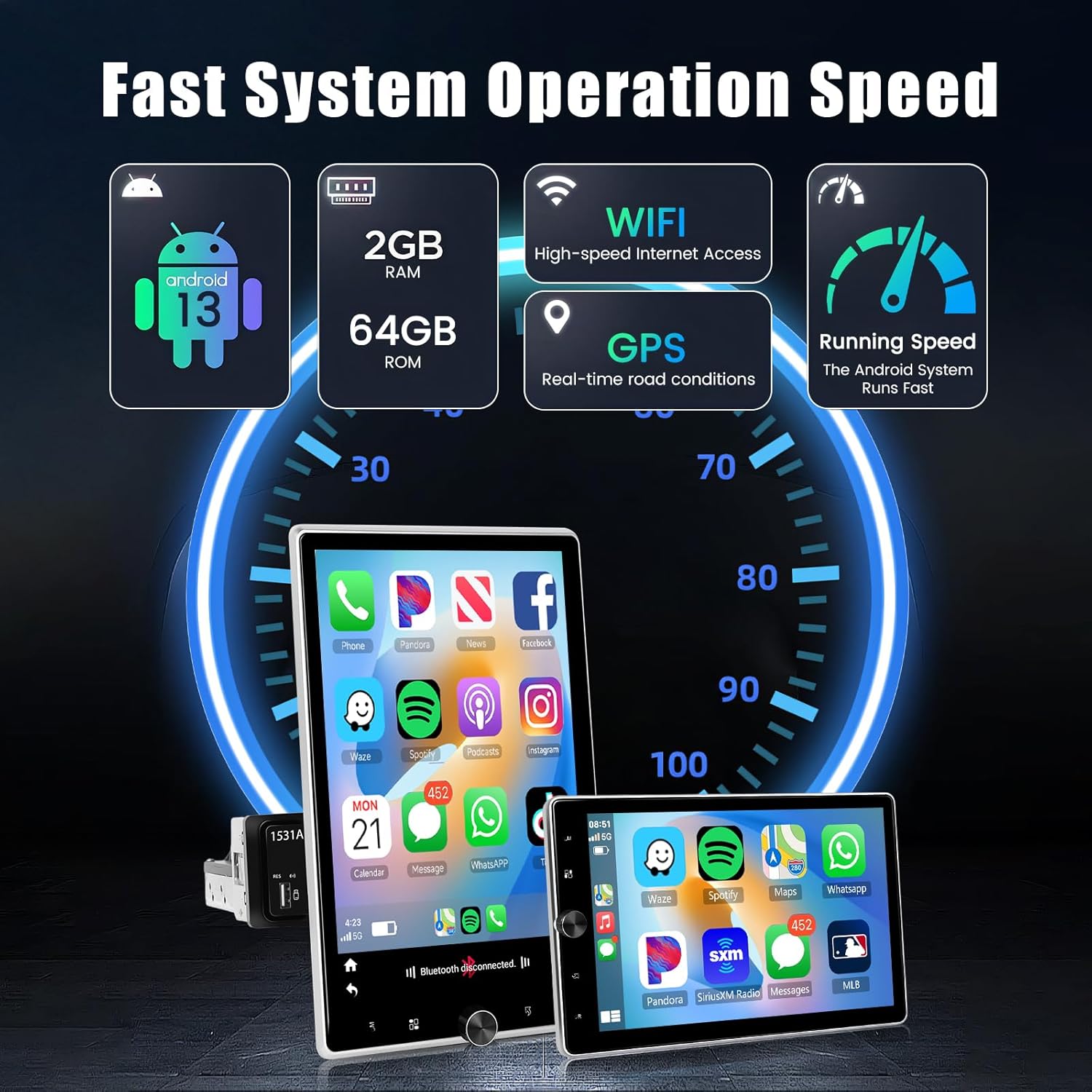 [2G+64G] 10.4" Single Din Car Radio with Wireless Carplay Android Auto, Android Rotatable Touch Screen Radio with GPS, WiFi, Mirror Link, Bluetooth, FM/RDS, Camera, SWC