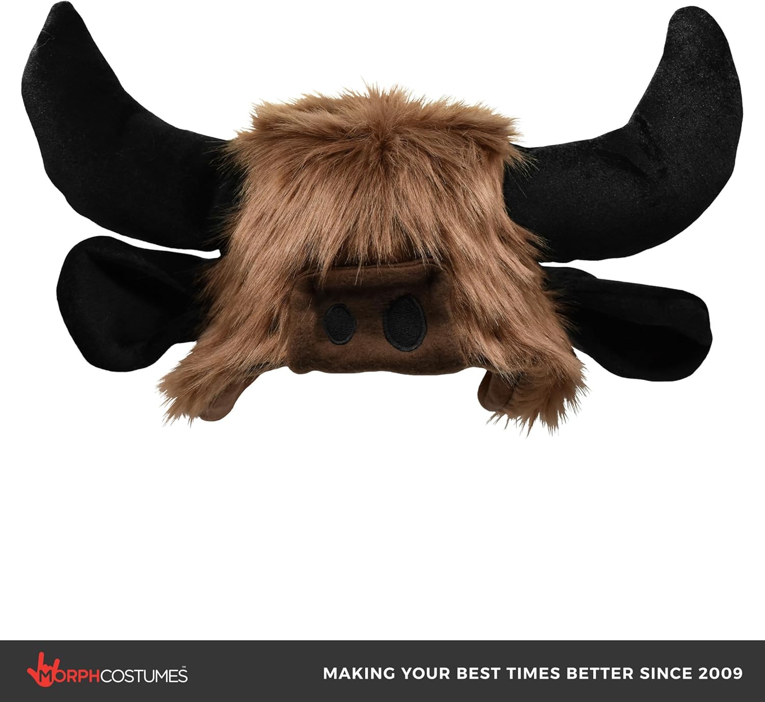 Nicky Bigs Novelties Morph Furry Buffalo Hat With Horns - Faux Fur Highland Cow Hat, Black Bull Ears Hats - Funny Hats Animal Cap Cosplay Halloween Costume Headwear, Brown
