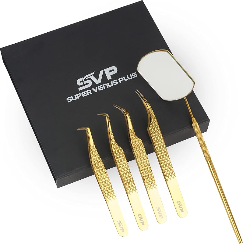Pinças SUPER VENUS SV Fiber Tip para Extensão de Cílios com Estojo, Pacote com 5