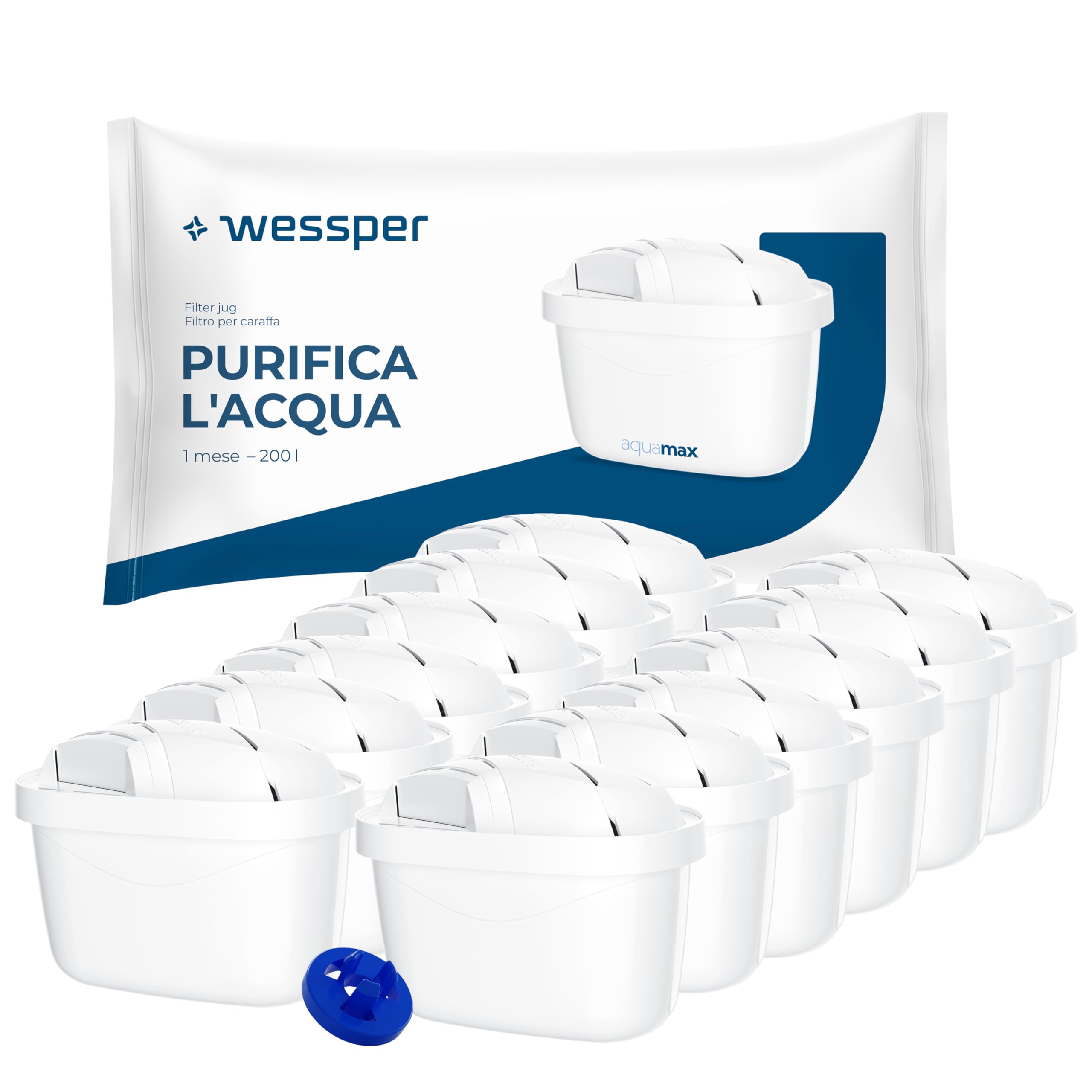 Wessper Filtro Acqua per Caraffa Filtrante, Compatibili con le Brita Maxtra +, Cartuccia Filtrante con Carbone Attivo e Resina a Scambio Ionico, Cartucce Filtri - 12 Pezzi