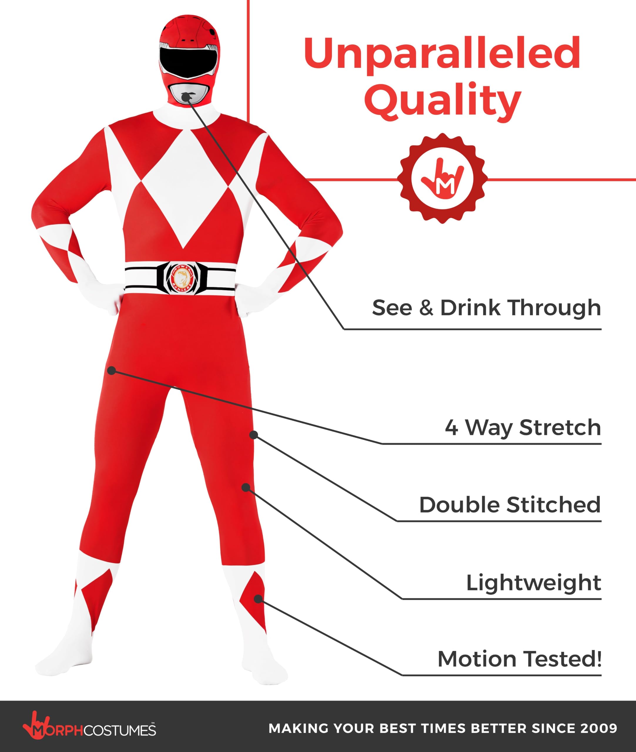 Morphsuits Oficjalny czerwony kostium Power Ranger dla dorosłych - XL (176 cm-185 cm), czerwony, XL