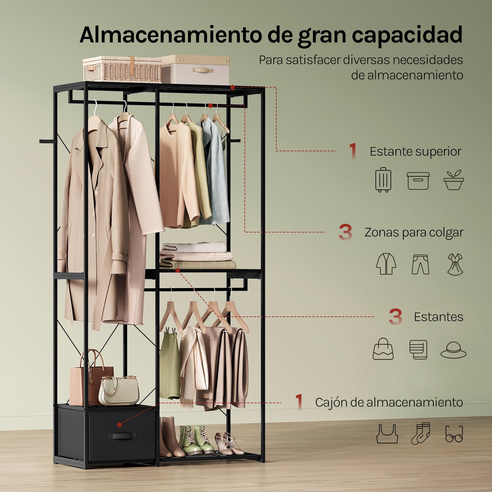 WOLTU Burro Ropa con Estructura de Metal, Armario Abierto con 2 Barras, 3 Estantes y 1 Cajón de Tela, Resistente, Carga de 150 kg, 100x40x192 cm, para Dormitorio y Vestidor, Negro