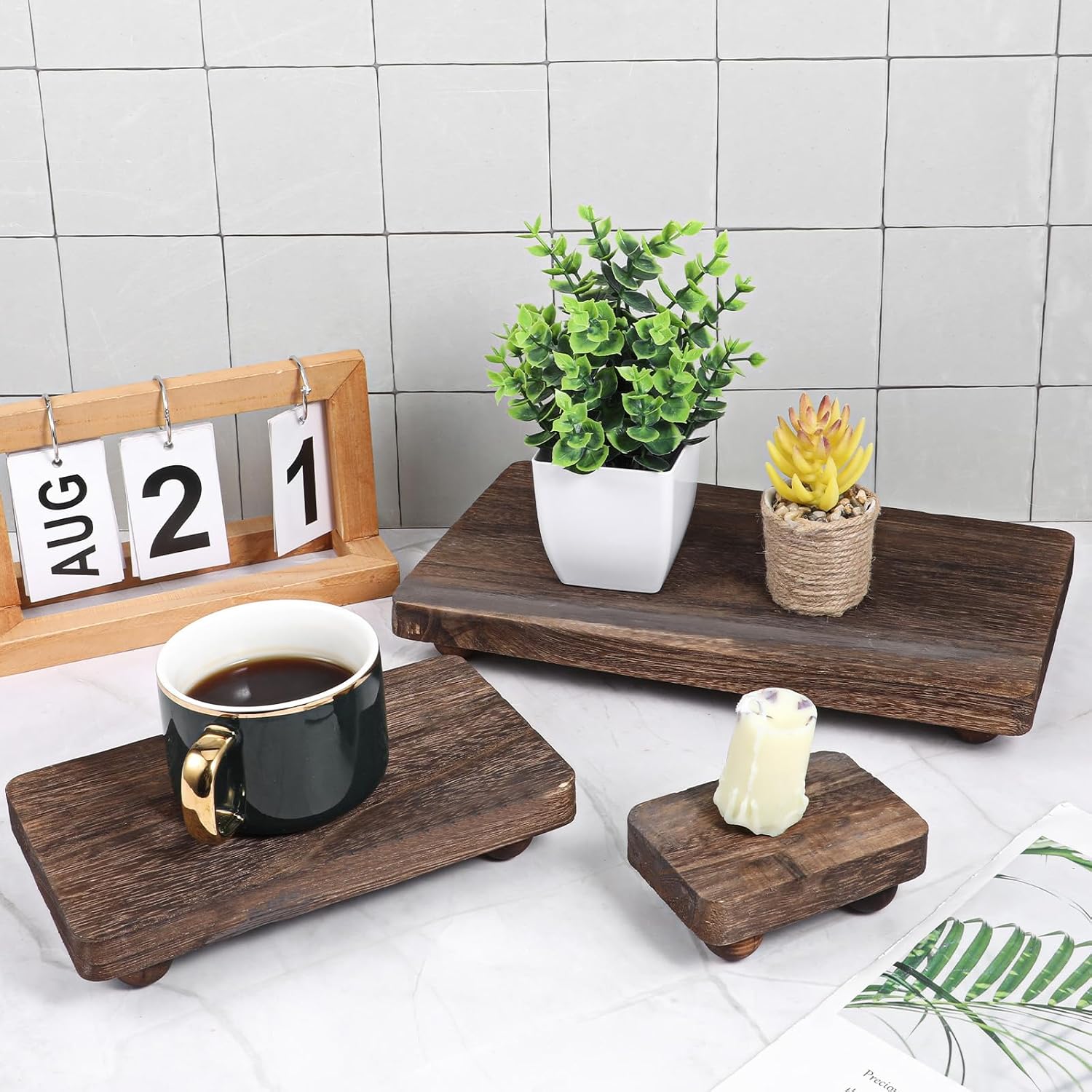 3 Pcs Wooden Risers for Display Wood Pedestal Stand Wood Riser Display Pedestal Stand Square Wooden-Pedestal Holder for Decor Home Kitchen,3 Sizes(12 x 6.7, 8 x 4.7, 4 * 2.8 in,Brown)