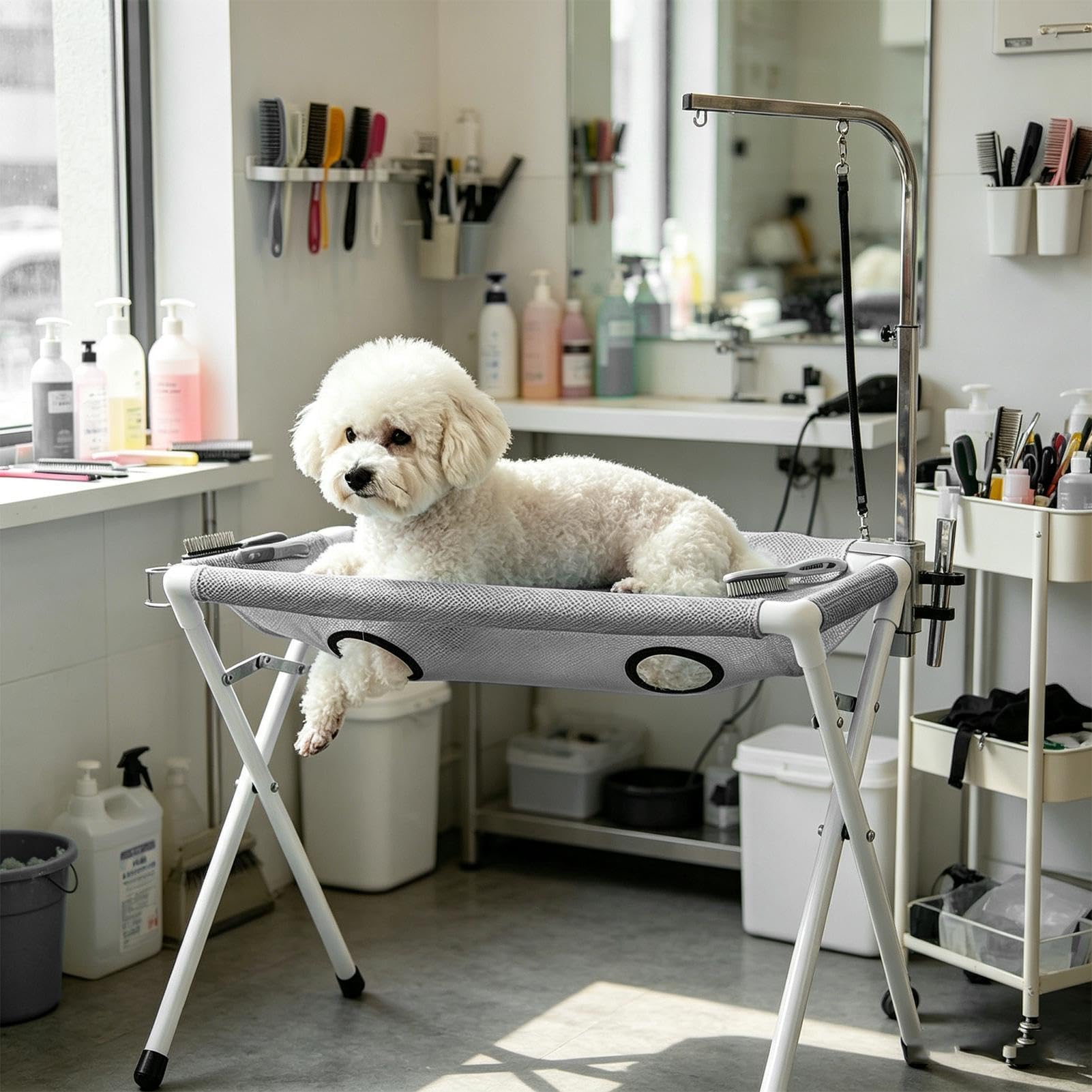 Mesa de Aseo para Perros en Casa 8 Orificios Antiescape Desmontable | Mesa De Aseo Para Cachorros Con Restricción para Corte Limado Uñas Baño e Higiene Oídos Dientes en Cachorros y Gatos