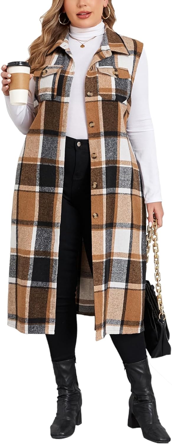 ZOMVA Plus Size 1X-5X Flannel Plaid Long Midi Vest with Pockets Button Down Sleeveless Shacket Coats Fall Outfits Jackets