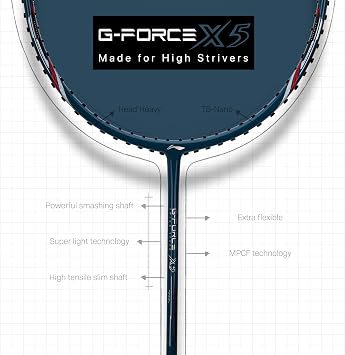 Li-Ning G-Force X5 Carbon Fibre Badminton Racket with Free Full Cover(82 Grams, 28 Lbs) (Cool Grey::White)