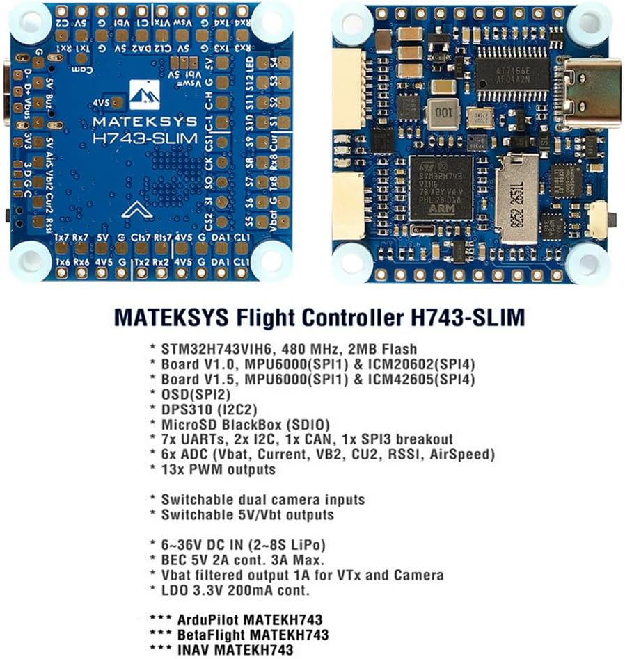 MATEKSYS Matek H743-SLIM V3 BEC ICM42688P ICM42605 Baro Blackbox 2-8S F7 Flight Controller 30.5X30.5mm for RC Multirotor FPV Racing Drone Fixed Wing