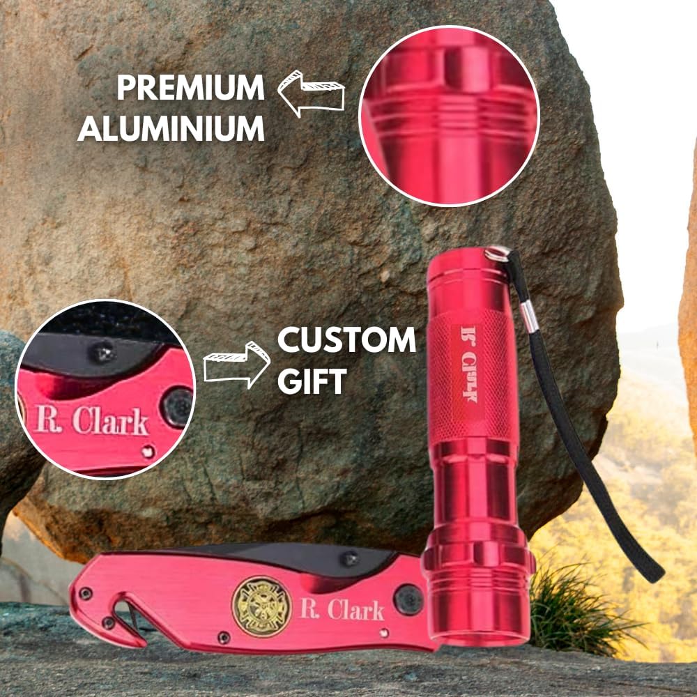 Emergency Survival Knife and Flashlight Set | Durable Flashlight and knife with Aluminium Red Finish | Personalized Engraving Firefighter Tool with Pouch