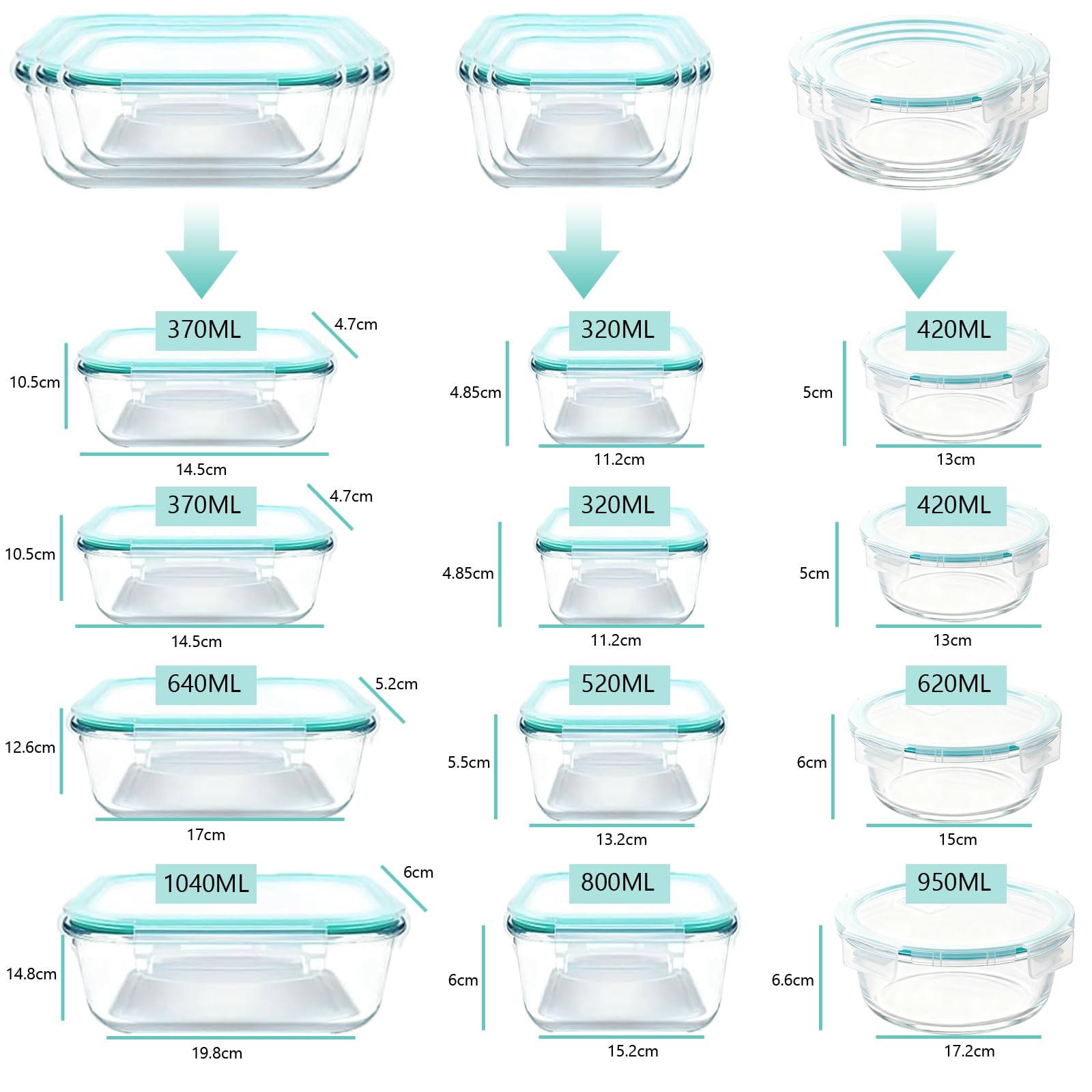 Lot de 24 récipients en verre avec couvercle, compensation de pression et joint en silicone – Passe au lave-vaisselle, au micro-ondes, hermétique pour la préparation de repas (320 x 2 + 370