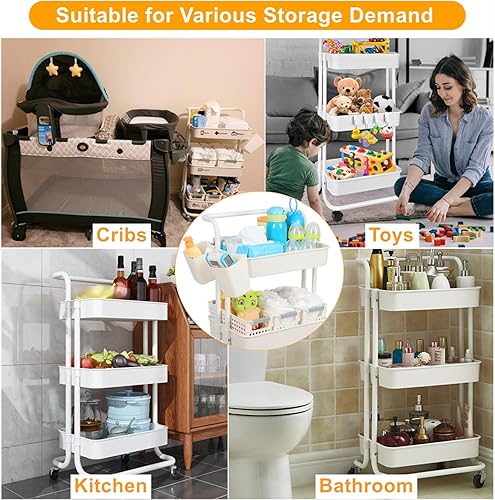 Miniatura 5 de Carrito organizador de pañales para bebé, carrito rodante móvil resistente de 3 niveles con cestas y tazas colgantes, gran capacidad, artículos