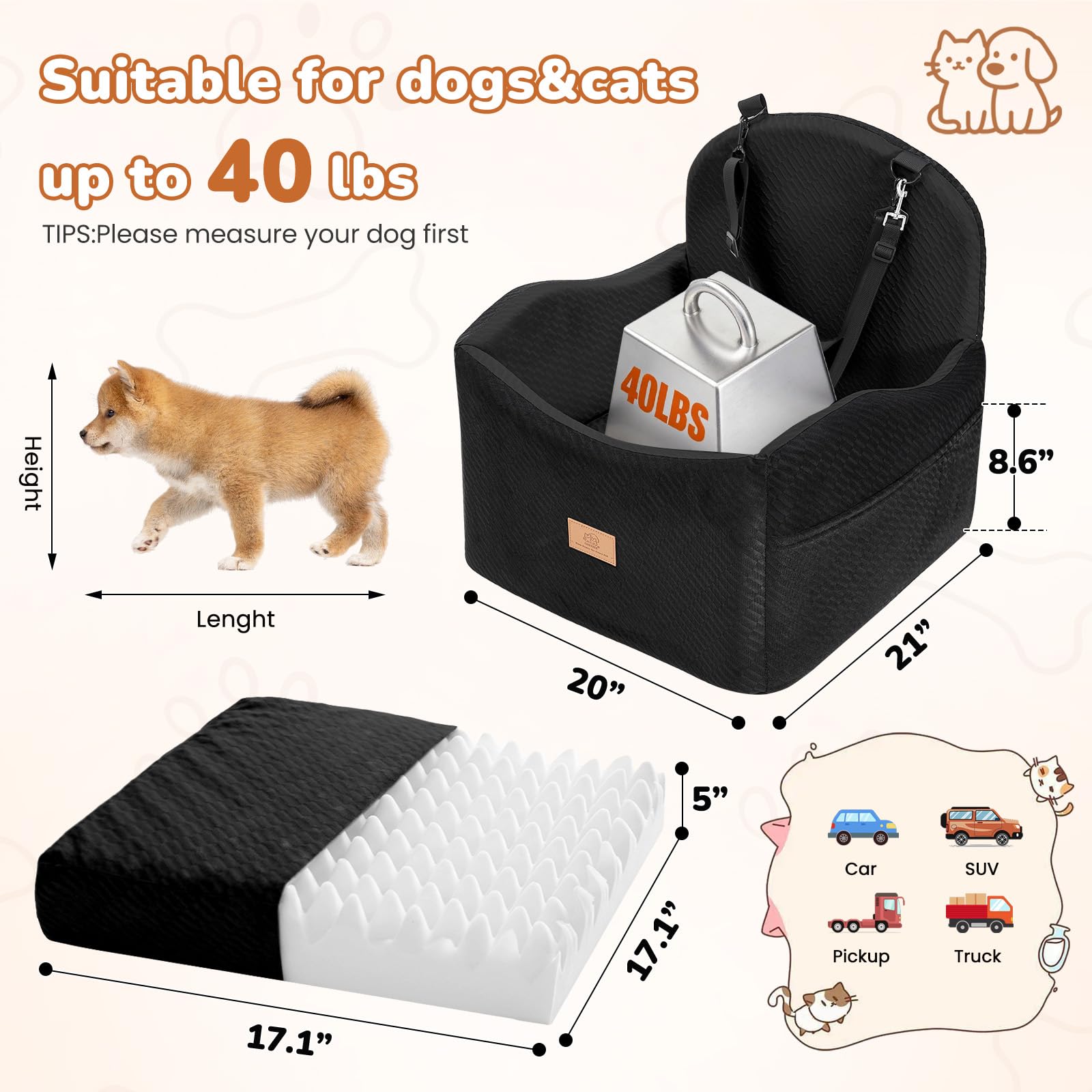 Dog Car Seat for Medium/Small Dogs, Dog Booster Car Seat, Pet Booster Seats Up to 40lbs with Waterproof Layer, 3 Storage Pockets and Safety Belt (Black) - image 5