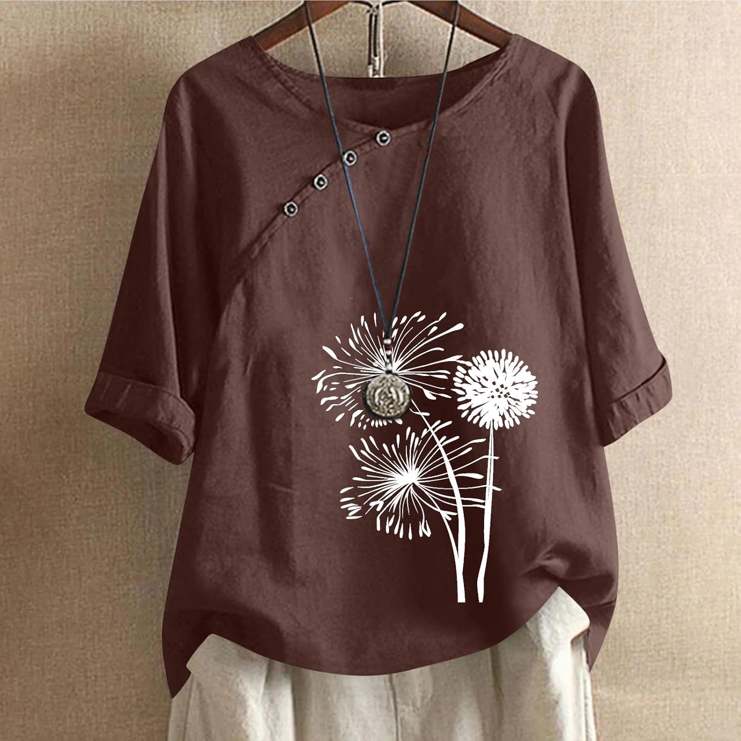 Womens Cotton Tops,Womens Graphic T Shirts Summer Cotton Linen Blouse Short Sleeve Crew Neck Shirt Floral Print Tops with Buttons 2025