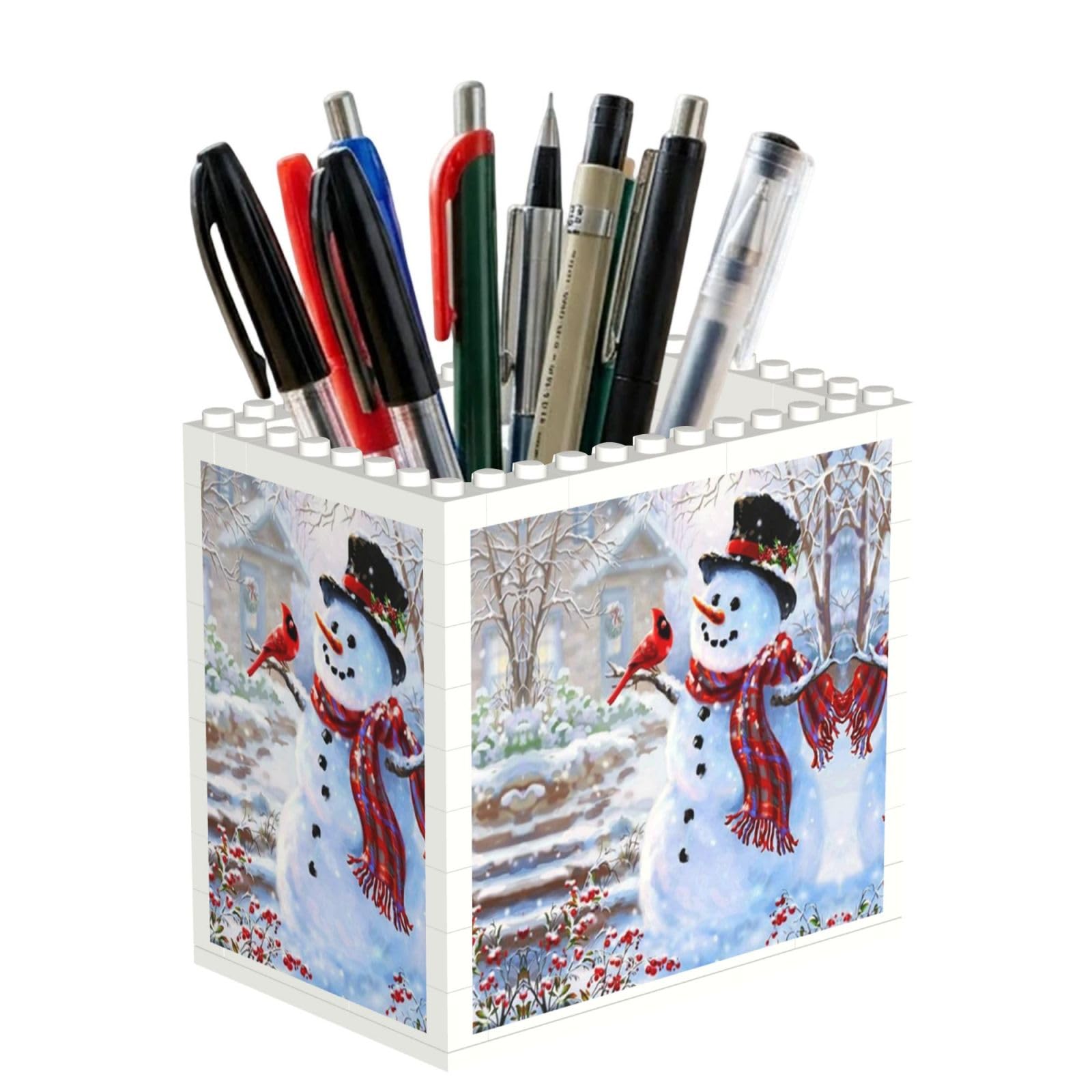 SATUSA Merry Christmas Snow Man And Birds Print Building Block Texture Pen Holder - Pencil Holder For Desk Pen Organizer,Aesthetic Desk Accessories For Women(1pcs)