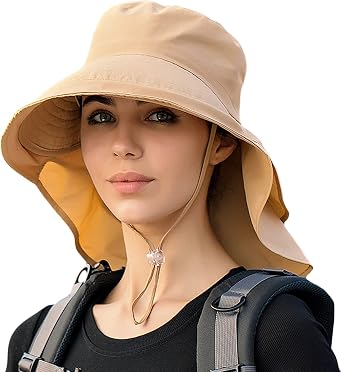 Packable Extra Large Brim Floppy Sun Hat Reversible UPF 50+ Beach Sun Bucket Hat A-Khaki