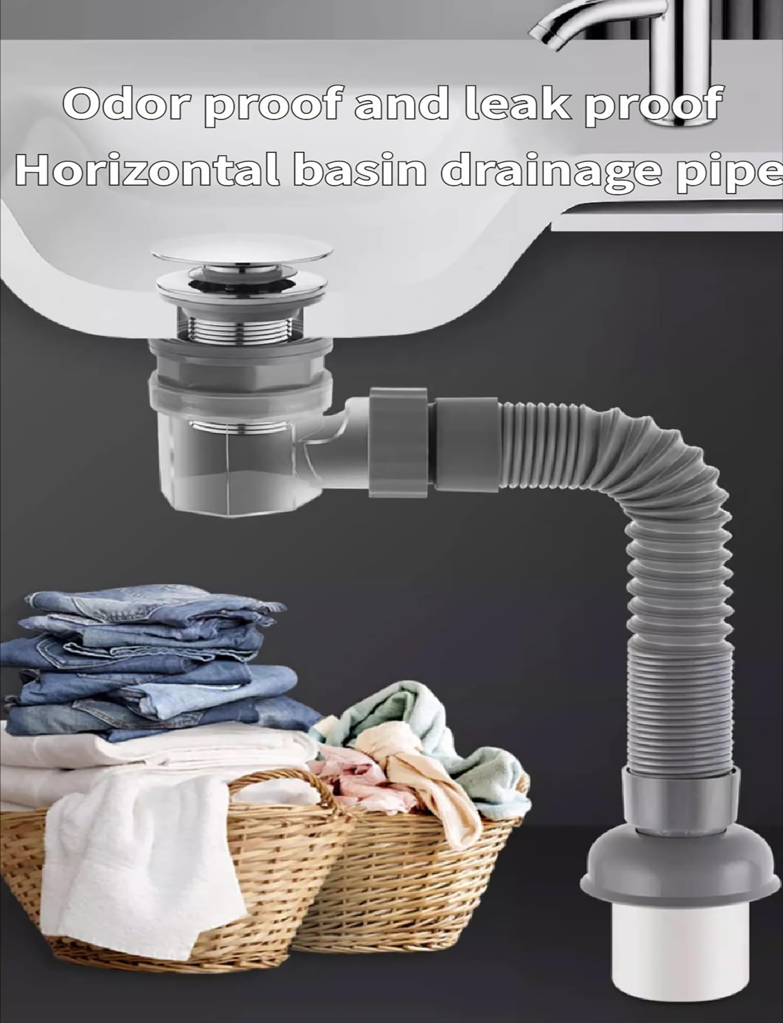 Kit de drenaje de baño for lavabo doble con tapón emergente, juego de tuberías antiolor for lavabo doble, manguera de residuos Flexible, ajuste Universal(Vertical,300cm/118in)