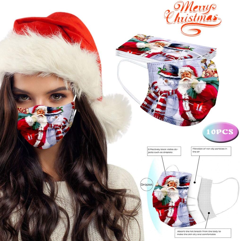 10PC Adults Christmas Printed Breathable Disposable 3Ply Face_Mask Face Bandanas Outdoor Work