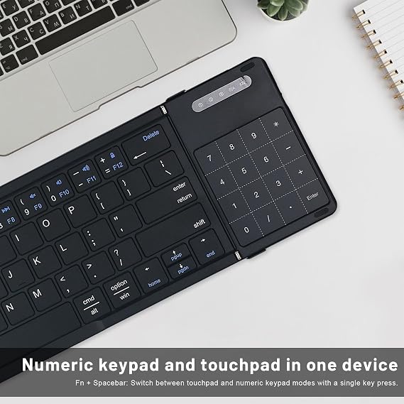 JFX Foldable Keyboard with Touchpad, Bluetooth Wireless Portable Keyboar with Number Pad, Pocket-Sized for iPad iOS Android Tablet Mac Windows Laptop PC, Full Size Folding Travel Keyboard
