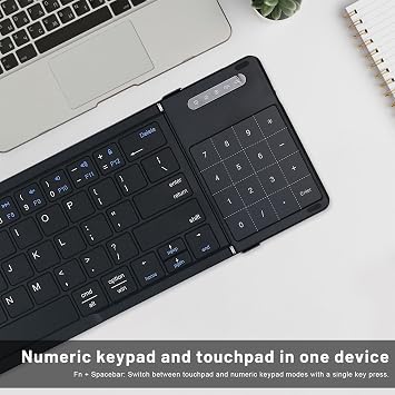 JFX Foldable Keyboard with Touchpad, Bluetooth Wireless Portable Keyboar with Number Pad, Pocket-Sized for iPad iOS Android Tablet Mac Windows Laptop PC, Full Size Folding Travel Keyboard