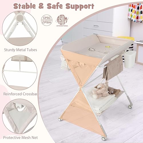Miniatura 5 de BABY JOY Cambiador portátil para bebé, estación de cambio de pañales plegable con ruedas, altura ajustable, estante de almacenamiento grande,