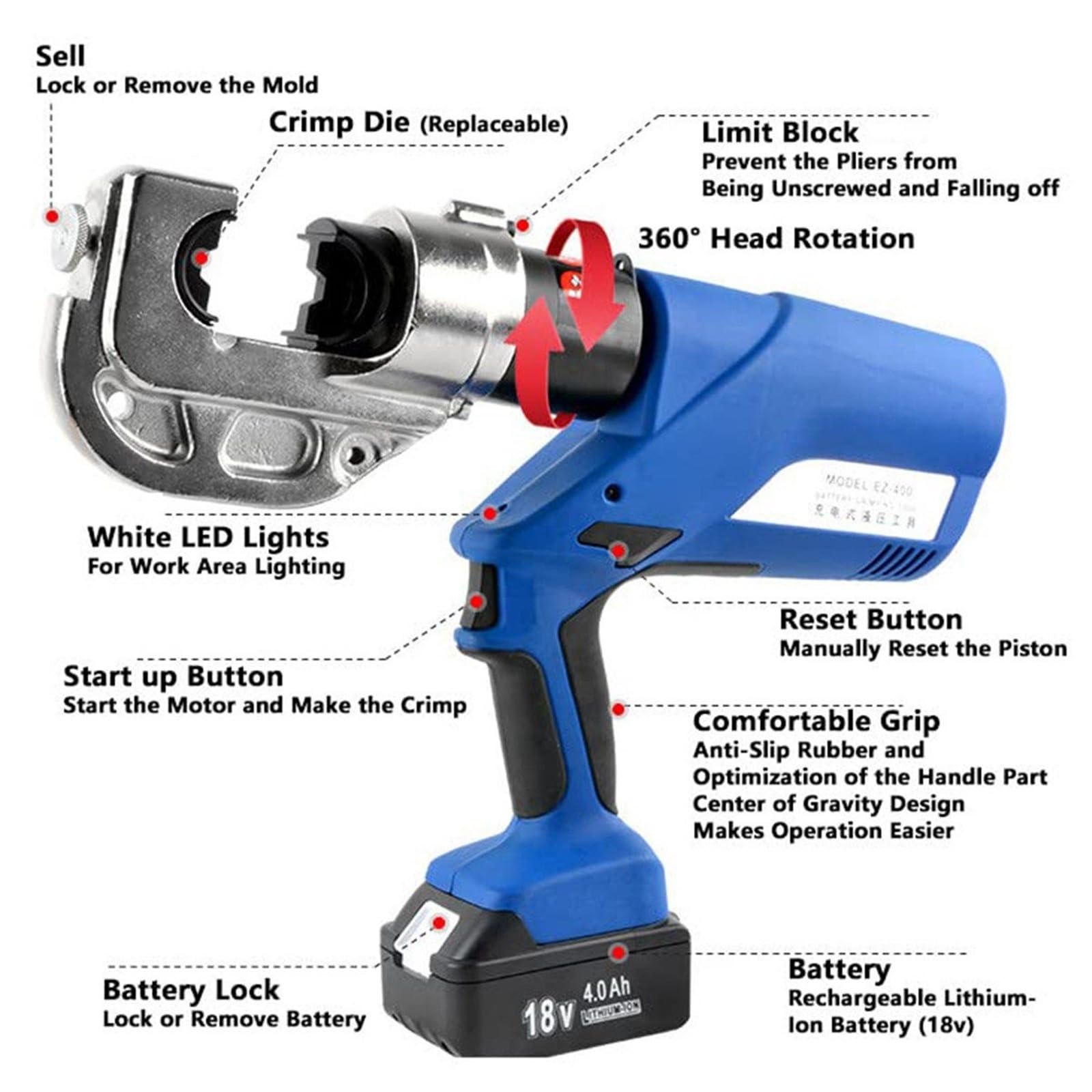 Herramienta de Crimpado Hidraulica Electrica 18V - 16-400mm² con 2 Baterias para Terminales Cobre Aluminio - Pantalla Digital - Rotacion 360 - LED - Prensado Rapido 6-18s
