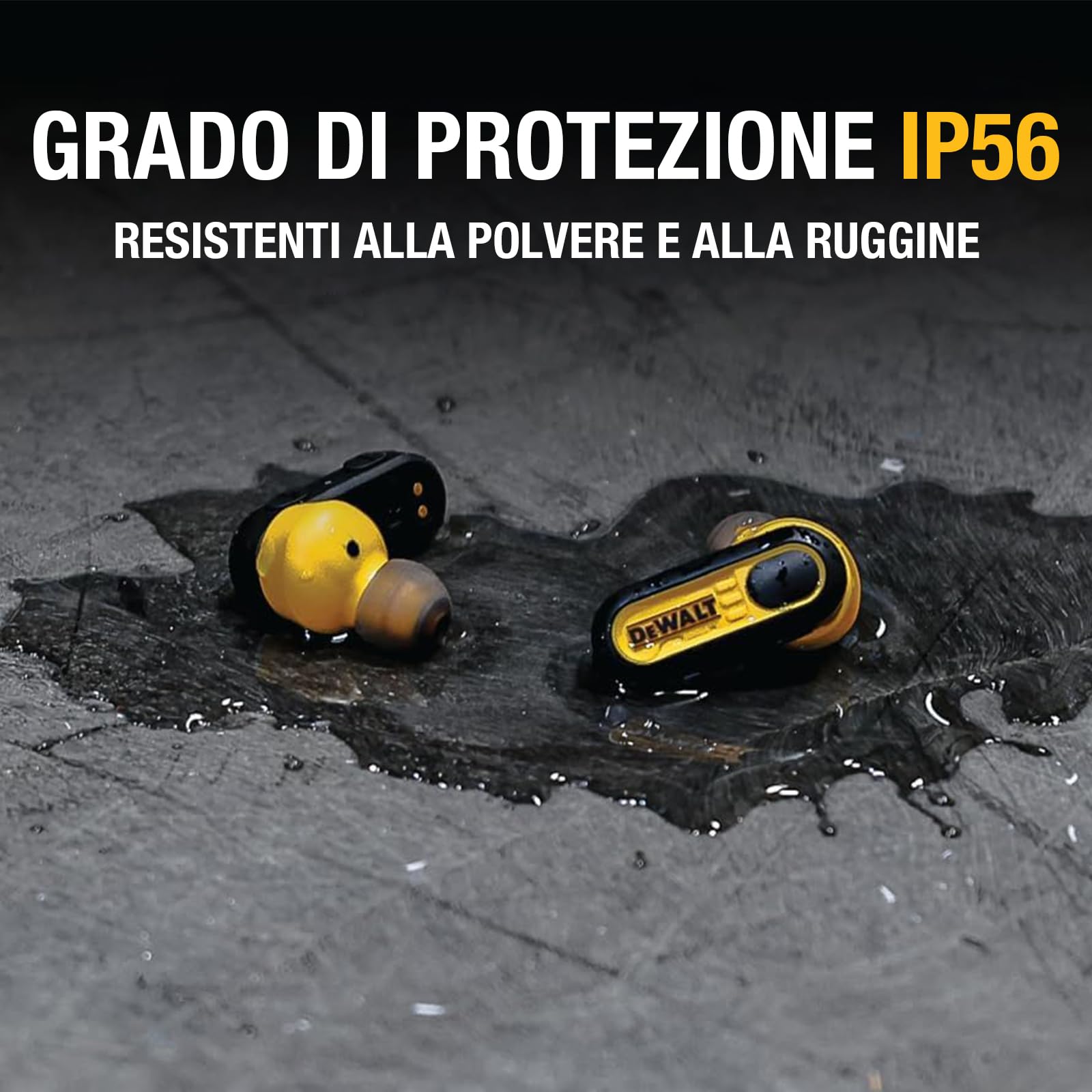 DEWALT Auricolari Bluetooth True Wireless Cuffie In-Ear con Custodia di Ricarica USB-C, Autonomia fino a 37 Ore, Resistenti a Polvere e Acqua IP56 Ideali per Lavori, Cantiere e Uso Outdoor Nero