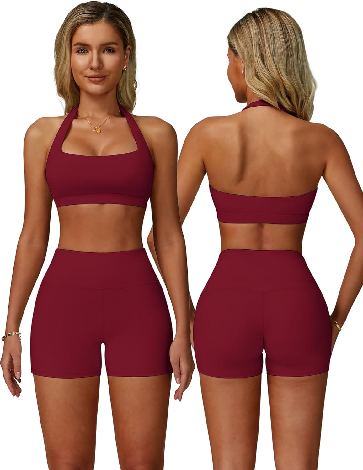 ABOCIW Workout Sets for Women Square Neck Halter Sports Bra High Waist Biker Shorts 2 Piece Gym Yoga Outfits