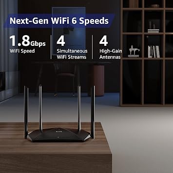 WiFi 6 Router, AX1800 Smart WiFi Router, 4-Stream Dual Band Wireless Router for Home Internet & Gaming, 1.5GHz Quad-Core CPU, MU-MIMO, OFDMA, Parental Control, VPN, IPv6 (Model KX450)