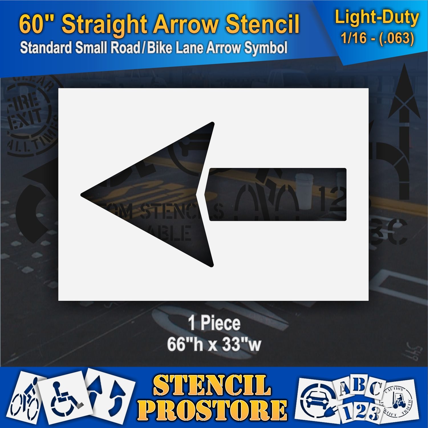 Pavement Stencils - 60 inch - Straight Arrow Stencil - 60" x 32" - 1/16" (63 mil) - Light-Duty
