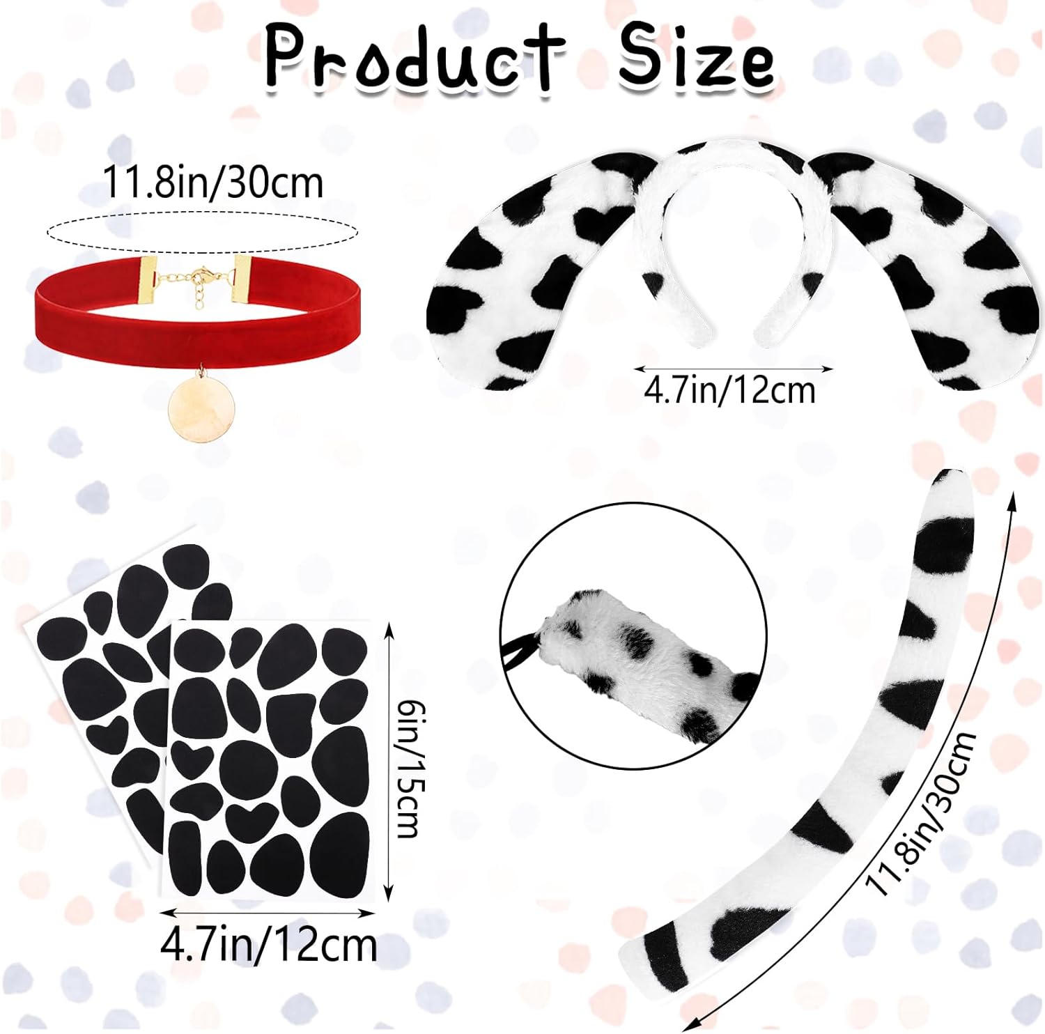 8 PCS Dalmatian Ears Headband Tail Velvet Choker Polka Dots Tutu Gloves Tights for 101 Days of School Dress Up - Image 2