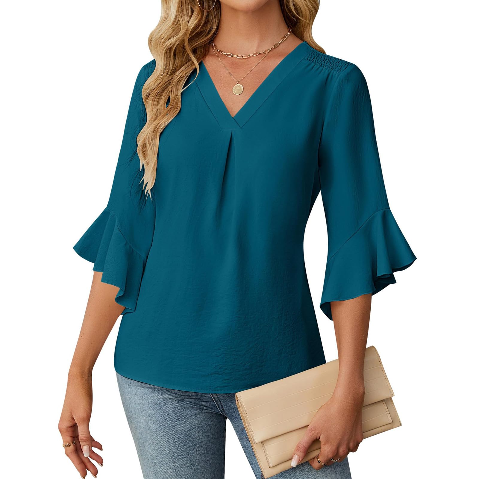 Elegante blusa de manga con volantes de tres cuartos de longitud y cuello en V, ligera y elegante para el trabajo y el ocio, camiseta femenina