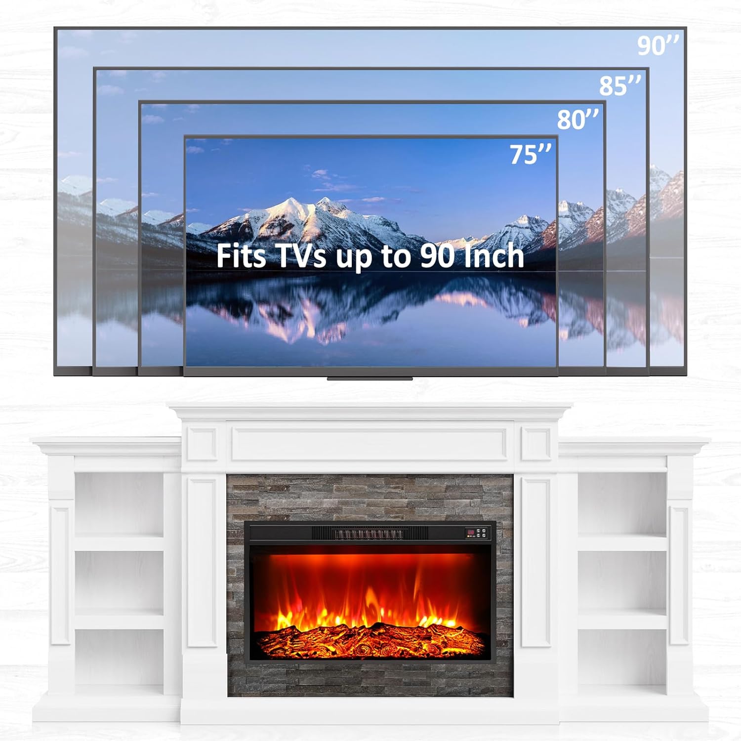 Naice 80" Electric Fireplace with Mantel, Fireplace TV Stand for TVs Up to 90", Modern Entertainment Center, Realistic Stacked Stone Surround 30" 3D Realistic Flame Heater, Ideal for Living Room