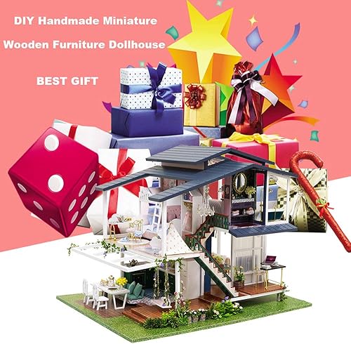 Miniatura 7 de Roroom Kit de casa de muñecas en miniatura y muebles, modelo de casa de muñecas en 3D con cubierta antipolvo y movimiento de música, idea creativa