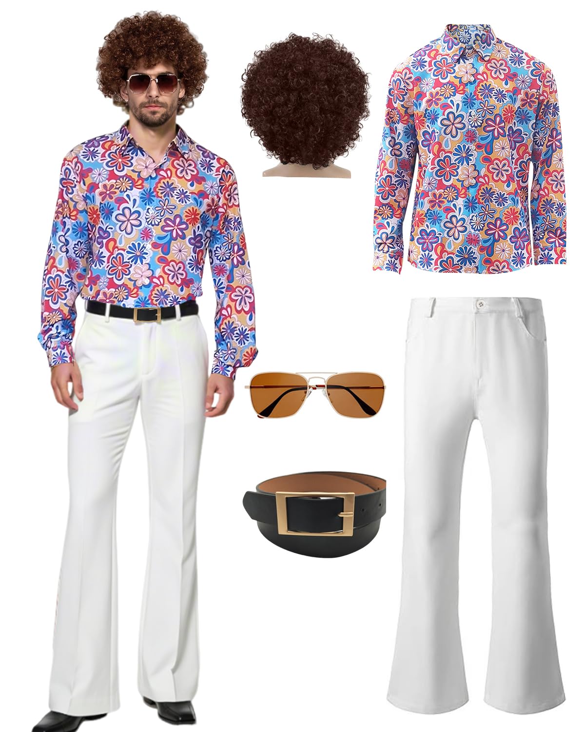 70s Disco Costume Set Hippie Men Outfit with Flared Pants Shirt for 50s 60s 70s Cosplay Halloween Party (Blue, L)