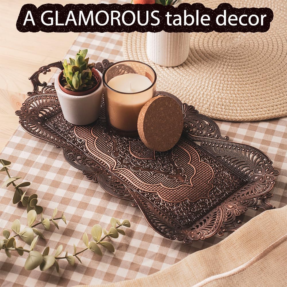 Small Antique Turkish Tea Coffee Serving Tray Table Decor Decorative Handles - Antique Moroccan Home Kitchen Rustic Copper Farmhouse Brass Rectangular Bar Arabic Fancy Candle Vintage Decor Style Tray