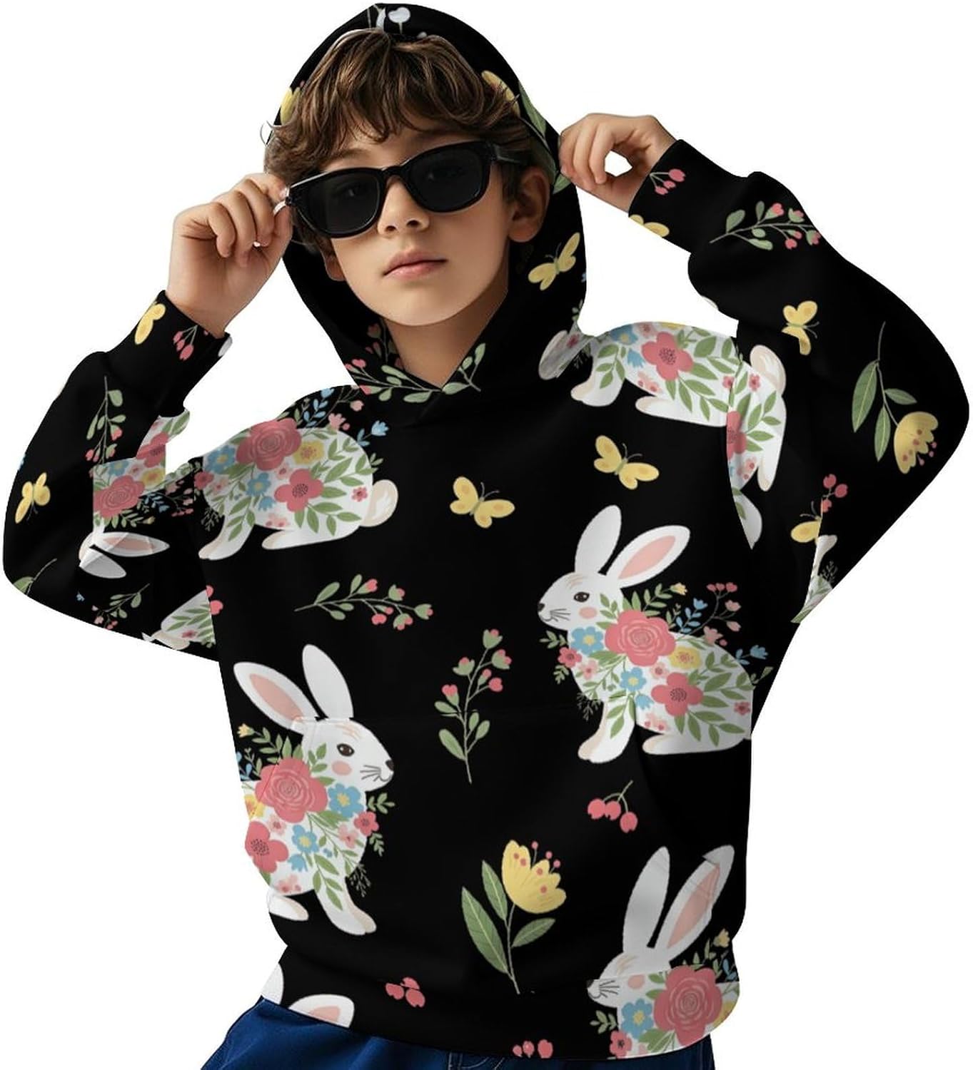 Boys Hoodies Kids Rabbit Floral Long Sleeve Hooded Sweatshirts