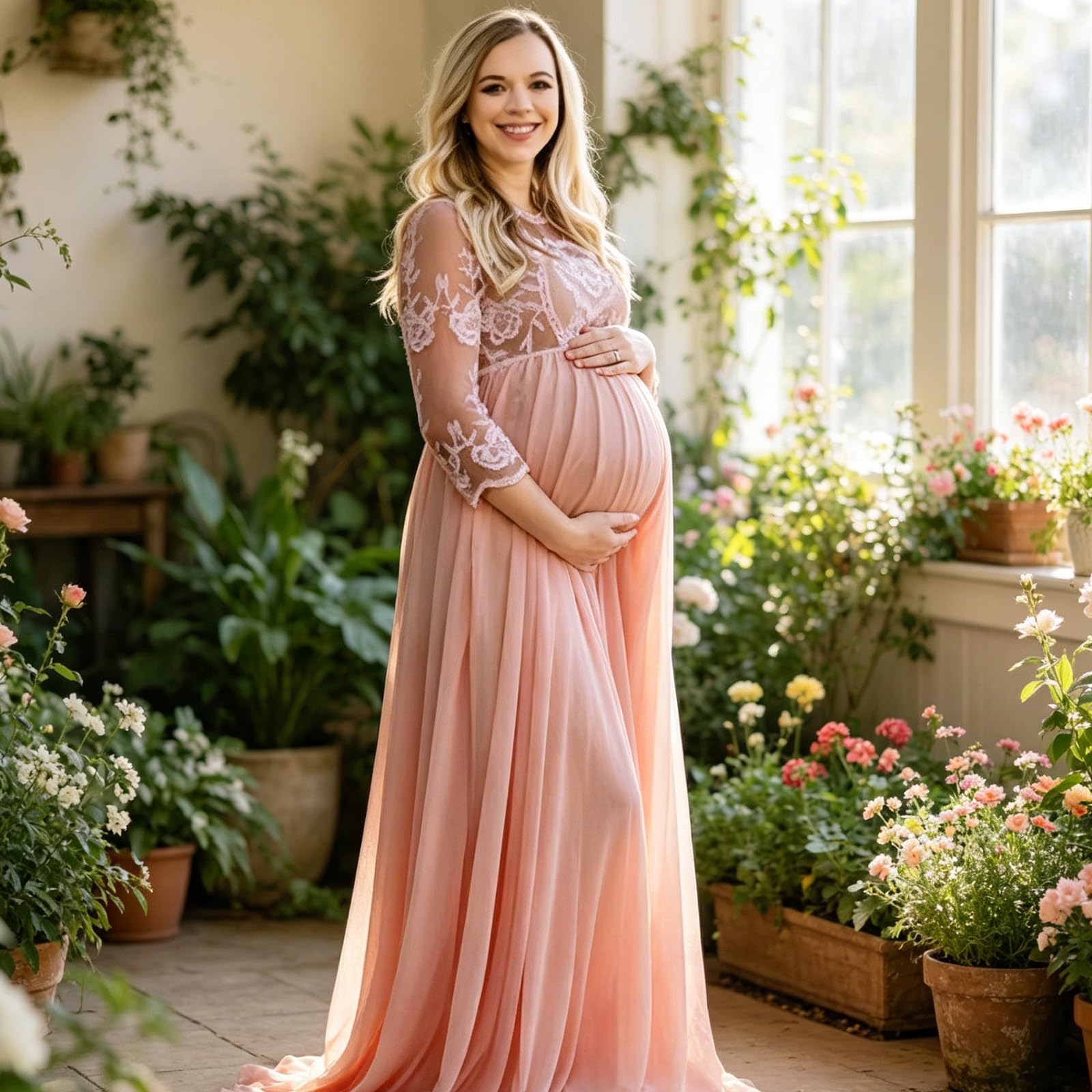 Elegante vestido de maternidad suelto con tren para ocasiones especiales Vestido de noche elástico de mezcla acrílica para mujeres embarazadas Vestido largo de manga media
