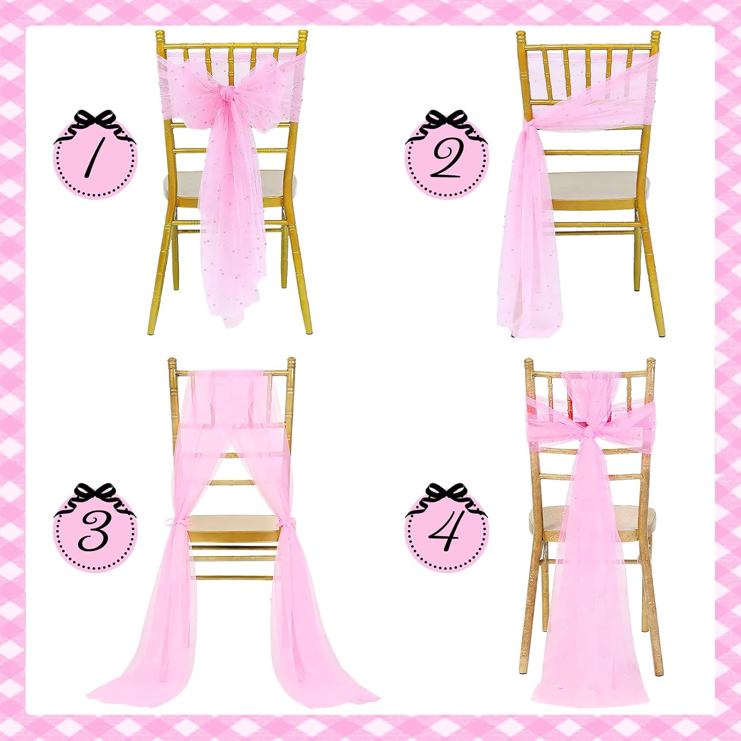 36PCS Wedding Chair Sashes Cover with Pearls 8ft Long Wedding Aisle Decorations Draping Fabric Sheer Church Chair Cover for Party Banquet Outdoor Decor (Pink)