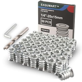 50 Pcs Premium Threaded Inserts for Wood, 1/4-20 Threaded Inserts with Drill Bit & Hex Key, Upgrade High Hardness Carbon Steel 1/4"-20x15mm