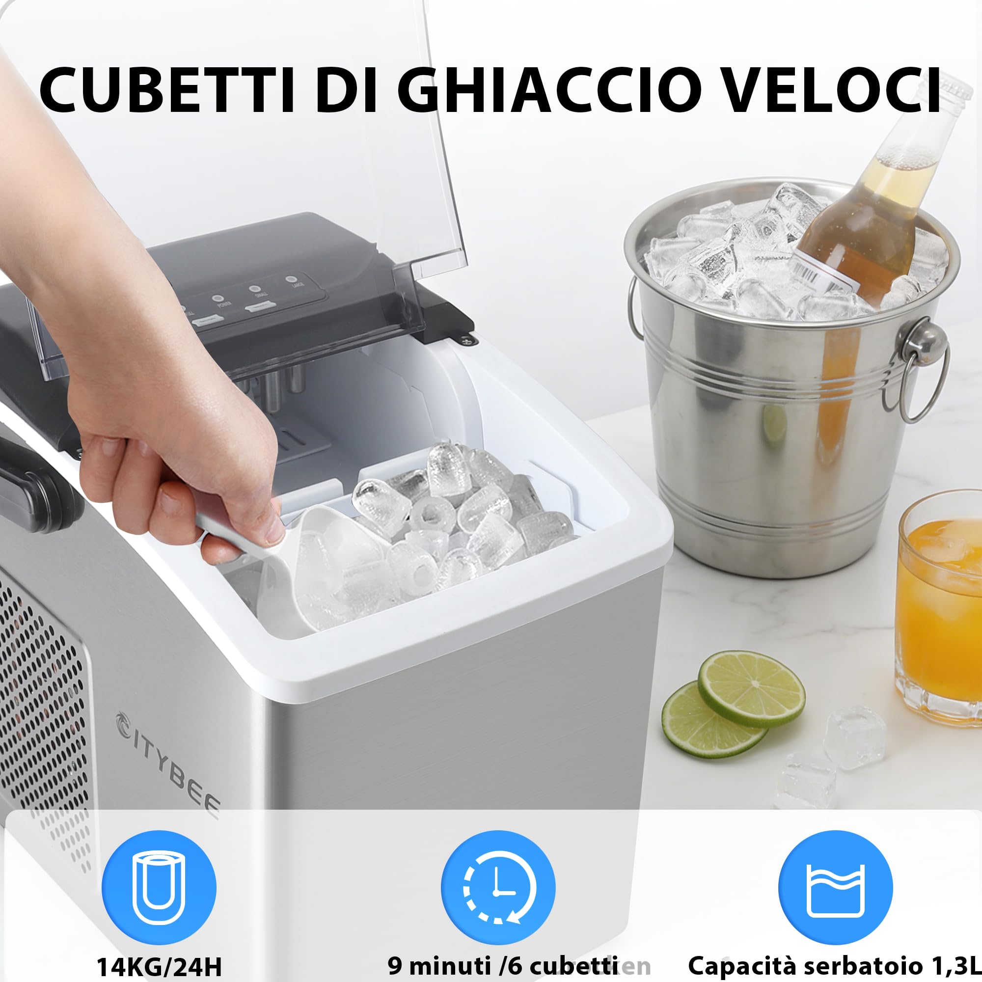 Citybee Macchina del Ghiaccio 12kg/24h con Maniglia Portatile, 2 Dimensioni di Ghiaccio, Silenzioso, 9 Cubetti in 6 Minuti, Ice Maker con Maniglia/Paletta/Cestello, Per Casa, Ufficio, Camper e Cucina
