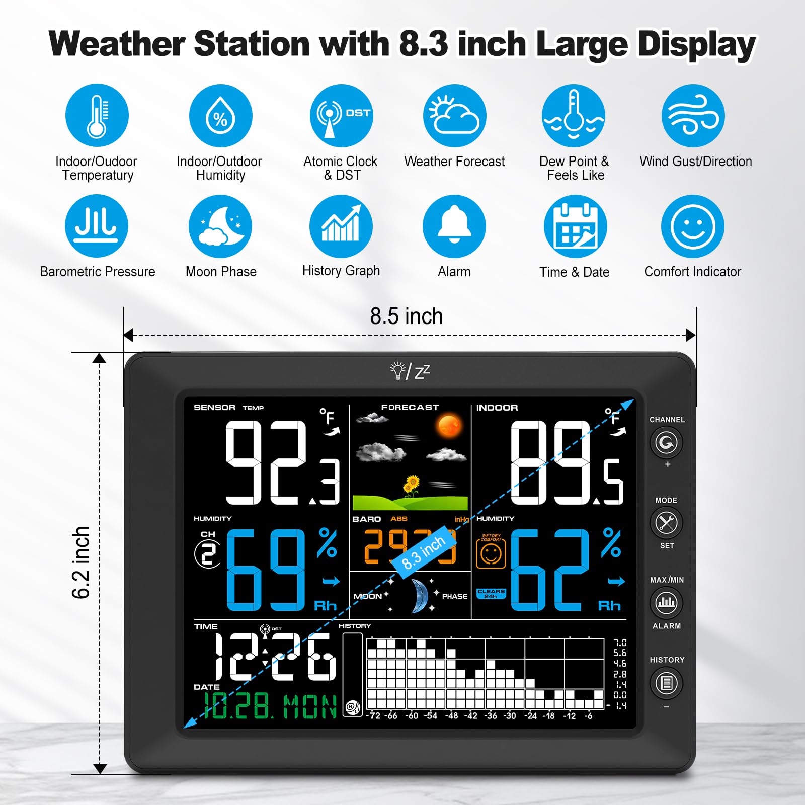 Urageuxy Stazione meteo radio con sensore esterno, orologio radio DCF con grande display a colori, termometro interno esterno, igrometro, previsioni meteo, distanza di trasmissione, misurazione della