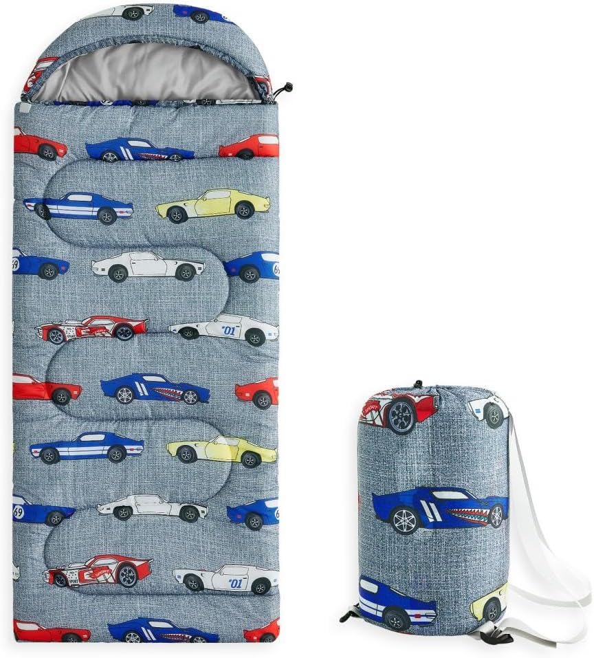Wake In Cloud – Kids Sleeping Bag for Boys Toddlers, Camping in Warm Cold Weather, Backpacking Lightweight Compact Outdoor Liner for 3 Seasons, Race Cars Vehicles