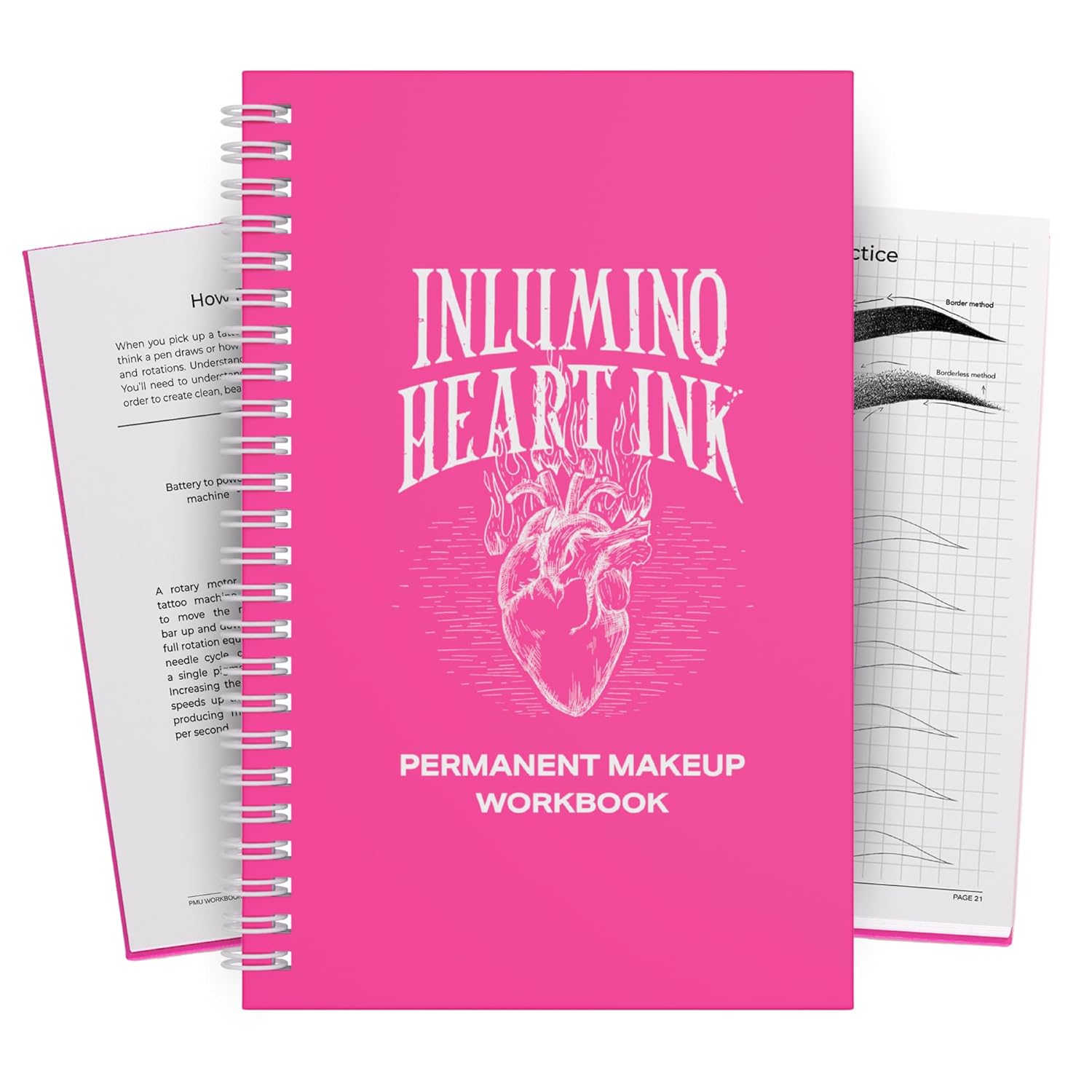 Inlumino Heart Ink PMU Practice Workbook – 55 -Page Permanent Makeup Training Book for Use with Rotary PMU Pen & Ballpoint Cartridges – Curriculum for Brows, Lips, Eyeliner & Tattoo Mapping